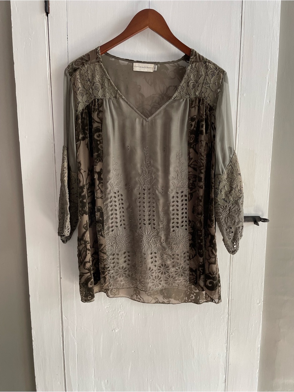 Johnny Was 4 Love & Liberty Silk Blend Lace Burn Out Velvet Sheer V-Neck Blouse